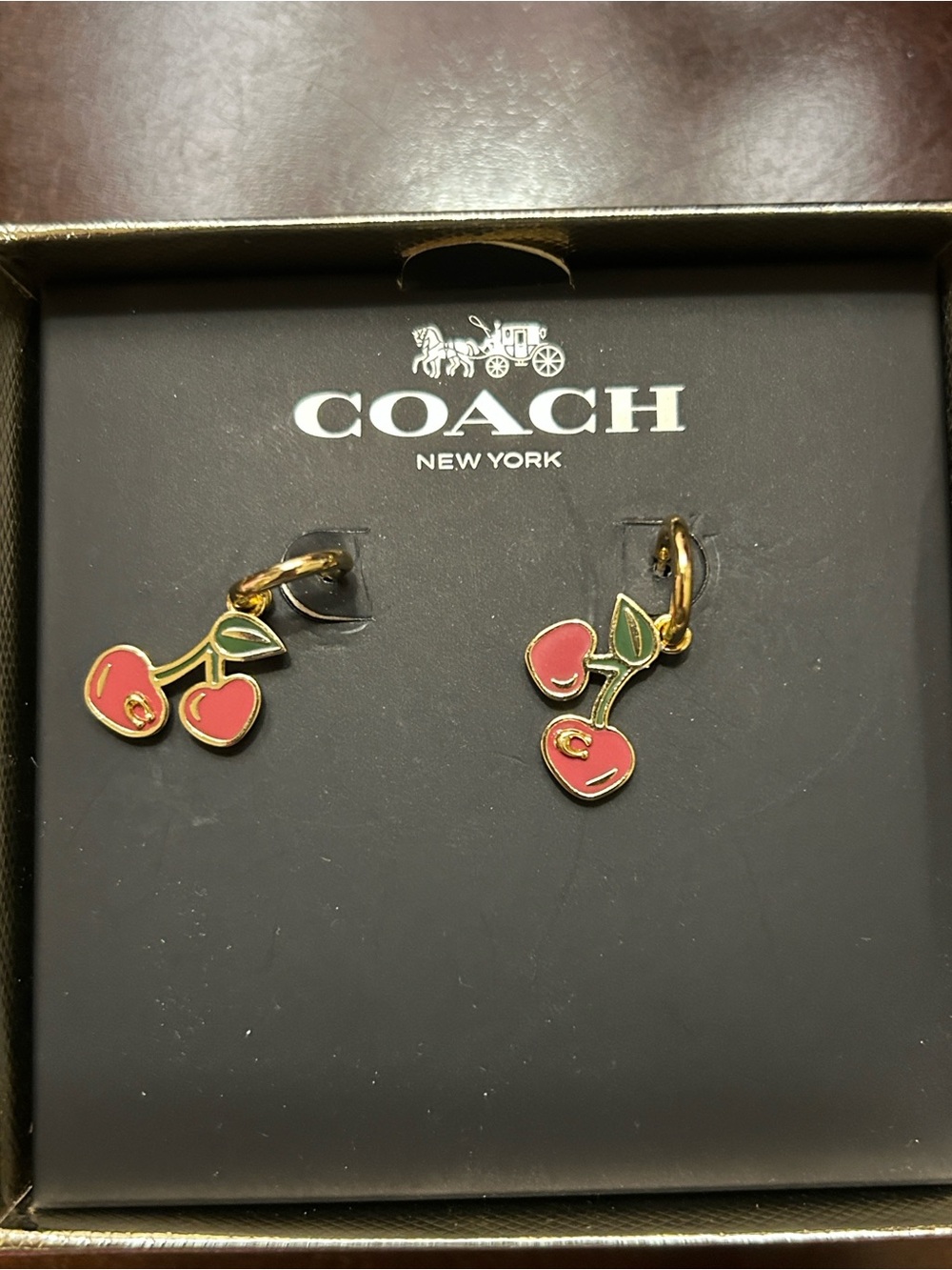 Coach Gold-Tone Cherry Drop Earrings with Red and Green Enamel